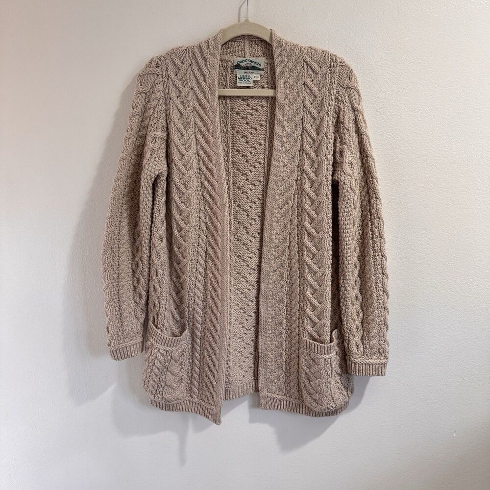 Aran Craft Ireland Sweater Cardigan XS Petite Open Front Oatmeal Tan Merino Wool